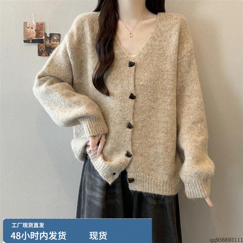 复古V领绿色针织开衫女2025秋冬大码胖mm宽松慵懒风软糯毛衣外套