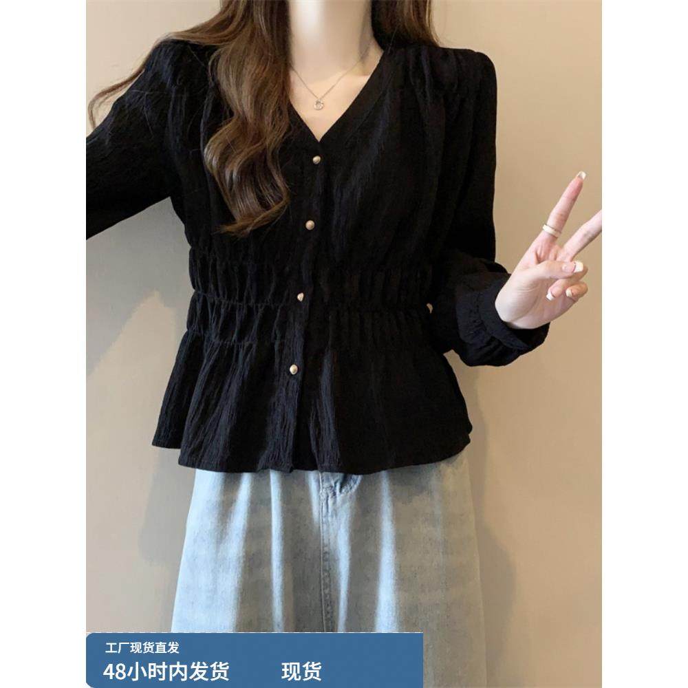 大码高级感轻奢减龄洋气法式v领衬衫女秋装胖mm气质遮肚显瘦上衣