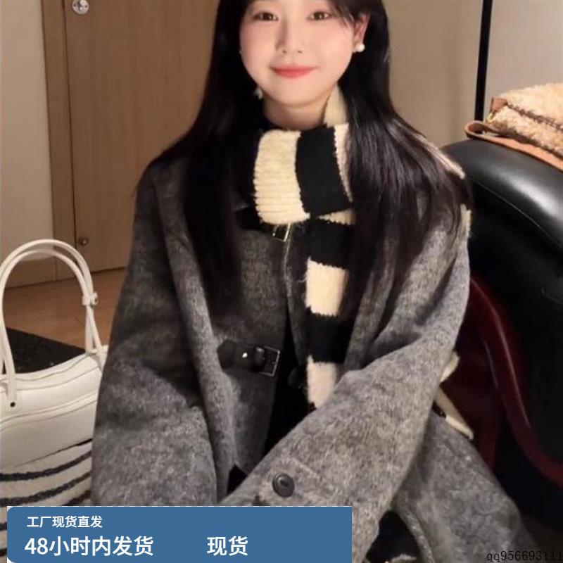毛呢外套牛角扣中长款2024秋冬新款灰色赫本风小个子加厚呢子大衣