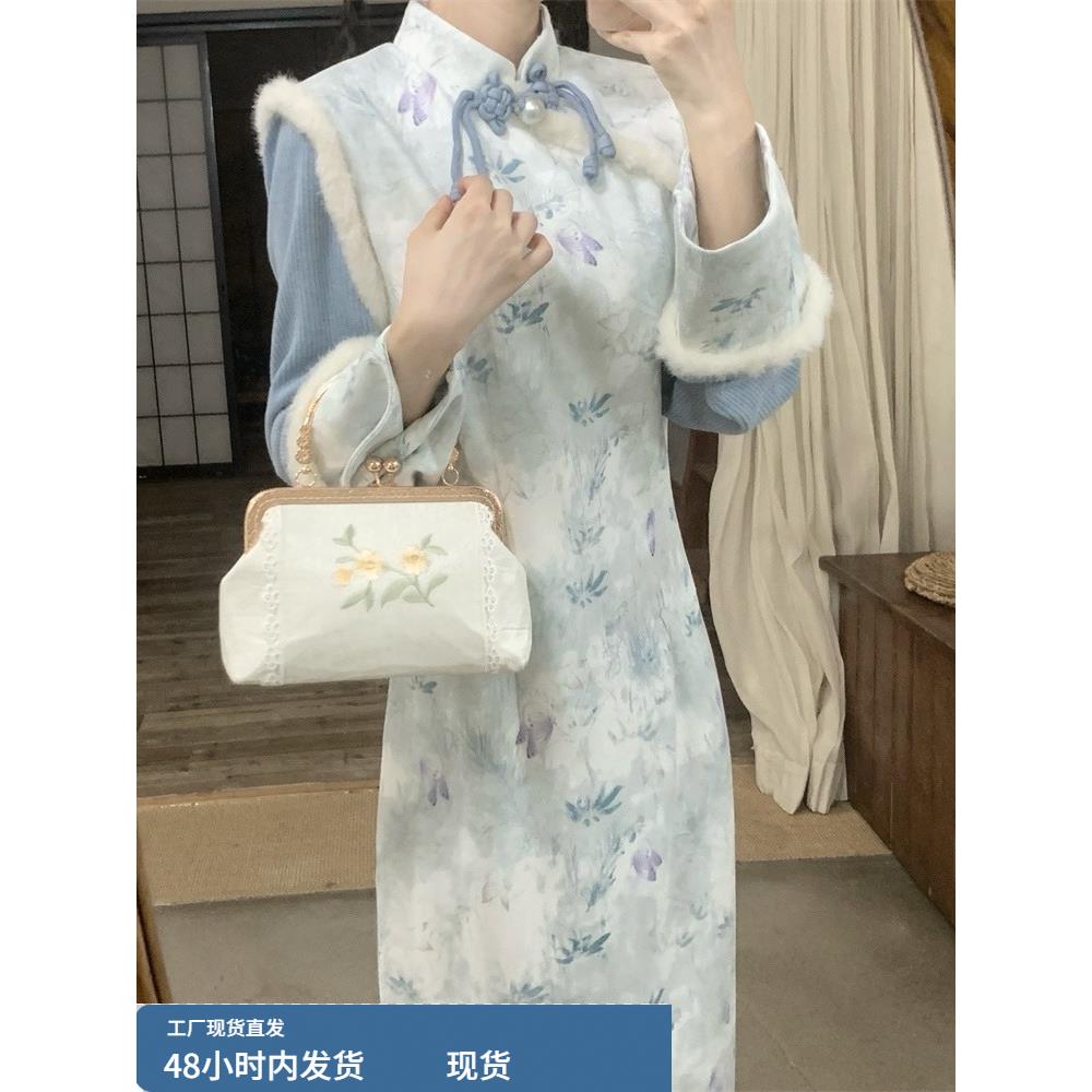 大码新中式国风改良旗袍裙女冬胖mm加绒加厚连衣裙斗篷披肩两件套