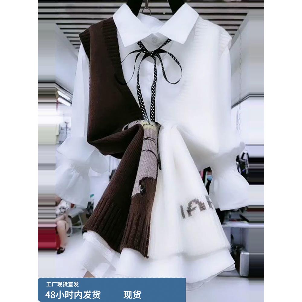 松弛感休闲保暖减龄套装女秋冬无袖V领马甲长袖polo领衬衫两件套