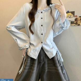 春装女款2026年新款爆款法式木耳边衬衫抽绳巨好看短款长袖小上衣