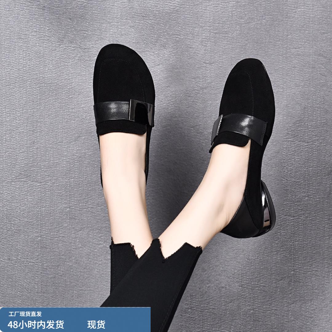 真皮包鞋女防滑秋季新款时尚圆头低跟磨砂羊绒豆豆鞋一脚蹬8108-2