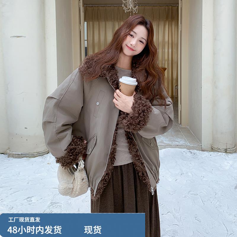 咖色大翻领工装派克服女冬季加绒加厚外套巨好看韩系超火独特棉服