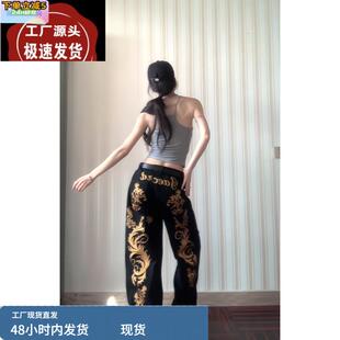 美式复古重工烫金印花黑色牛仔裤子女2025夏朋克辣妹亚文化拖地裤