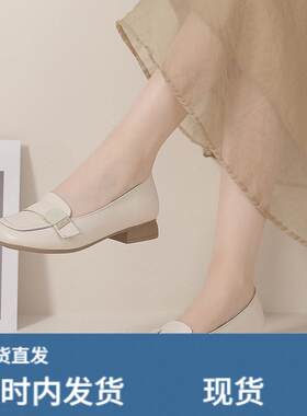 专柜单鞋女2026春季新款真皮浅口复古低帮鞋圆头粗跟软底一脚蹬懒
