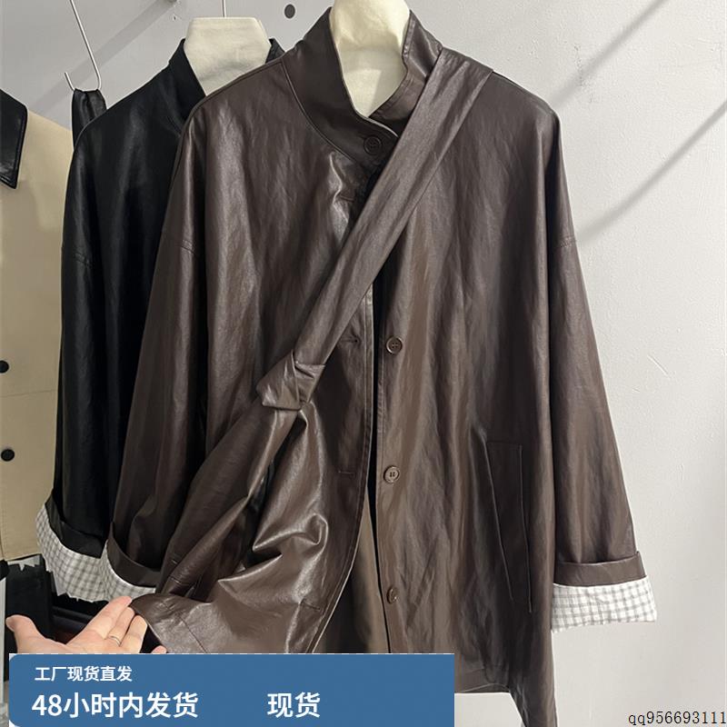 欧货高端中长款皮风衣女2025秋季新款送挎包立领宽松蛋白皮衣外套