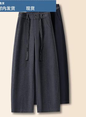 深灰色系绳加厚弯刀裤女冬季2025新款今年流行高腰修身保暖直筒裤