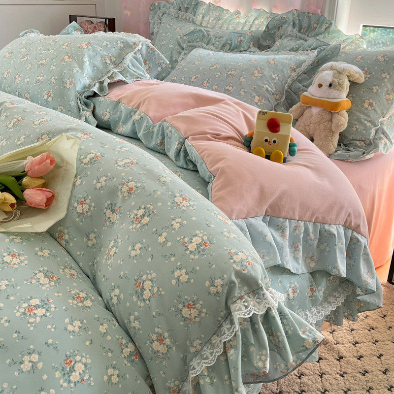 A类简约公主风四件套双层花边被套韩式少女心亲肤云柔棉四季适用