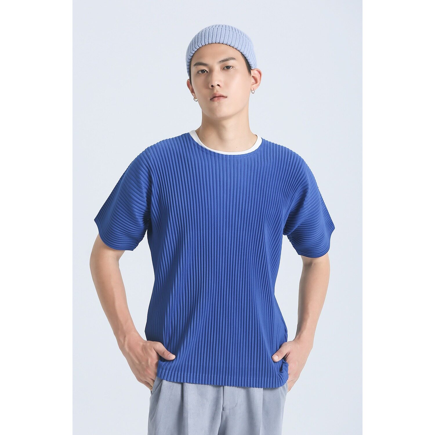 三宅风褶皱短袖男装夏季上衣圆领T恤