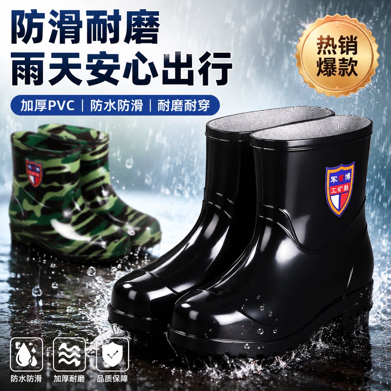 中筒男士雨鞋雨靴防水防滑胶鞋耐酸碱水靴水鞋劳保厨房胶靴野钓鱼
