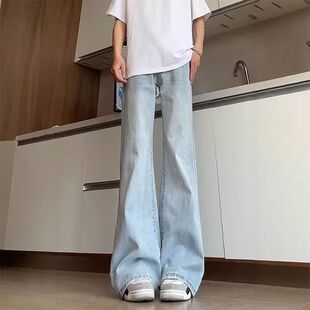 浅蓝色微喇牛仔裤男款夏季薄款垂感直筒弯刀裤阔腿宽松喇叭裤男生