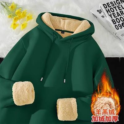 墨绿色连帽卫衣女冬季2024新款冬装加绒加厚羊羔绒女款外套小个子