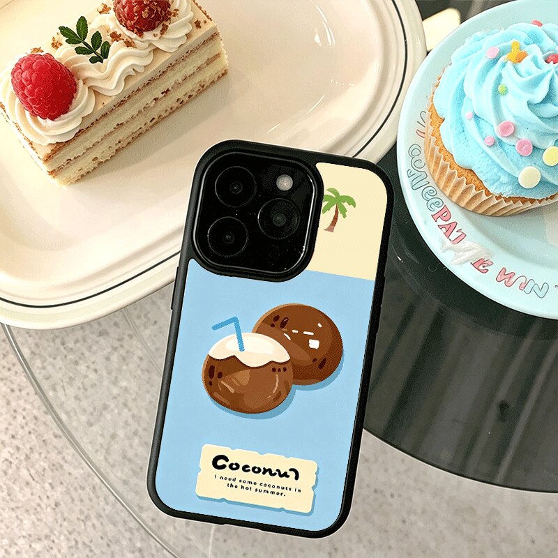 ins两个椰子适用苹果17手机壳iPhone16promax创意15新款14卡通13mini少女12高级x小众11黑色肤感玻璃防摔硬壳