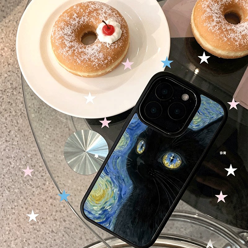 ins星空黑猫适用苹果17手机壳iPhone16promax创意15新款14卡通13mini少女12高级x小众11黑色肤感玻璃防摔硬壳