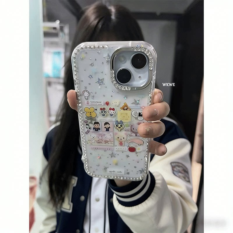 趣味闪钻镭射轻松熊适用苹果16手机壳iPhone15promax高级14plus镭射新款13pro韩系女12全包17p全包防摔闪钻壳