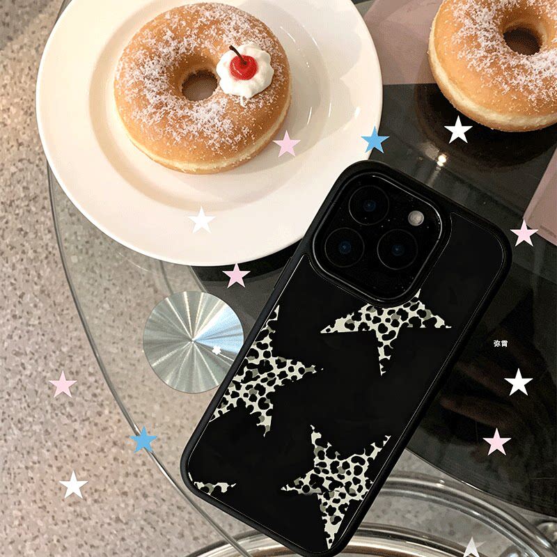 小众豹纹星星适用苹果17手机壳iPhone16创意15新款14爆款13min网红12promax爆款11黑色肤感玻璃7全包防摔硬壳