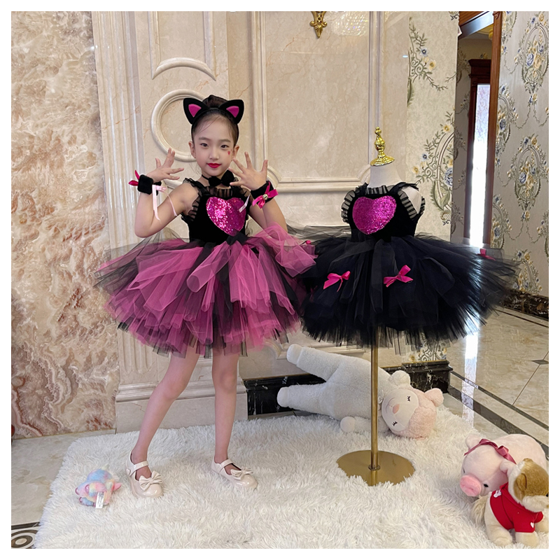 儿童六一万圣节猫咪演出服元旦学猫叫舞蹈服幼儿园动物表演蓬蓬裙