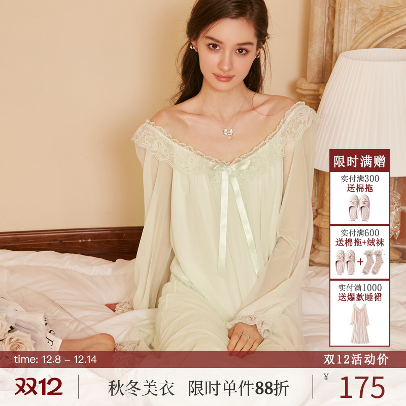 Rosetree甜美公主风网纱长袖睡裙