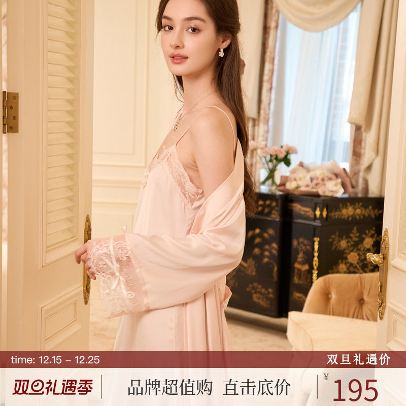 RoseTree法式蕾丝缎面吊带睡袍