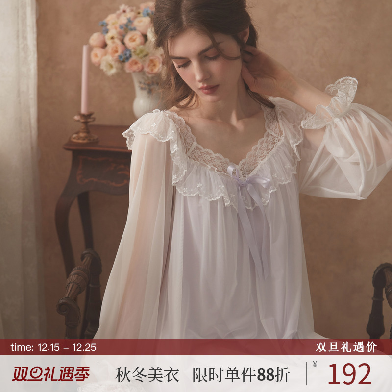 RoseTree宫廷睡裙春秋季女士法式蕾丝公主风高级感长袖长款睡衣裙