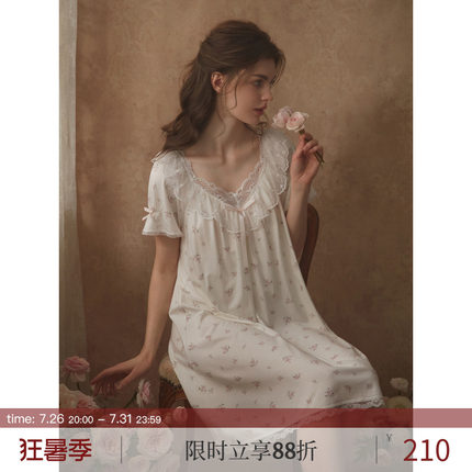 RoseTree睡裙女款夏季短袖碎花蕾丝法式独特绝美宫廷风睡衣带胸垫