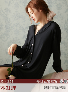 RoseTree男友风睡衣女款春秋季长袖莫代尔黑色性感法式衬衫睡裙