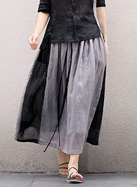 墨痕良品夏季文艺银灰色纯苎麻半身裙百褶橡筋系带腰头a字裙98032