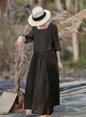 墨痕良品2024夏季新款细皱加捻黑色苎麻成衣染手工绣双层连衣裙女