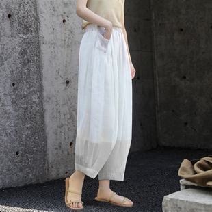 文艺2024夏季新款简约显瘦精细白色纯苎麻九分休闲灯笼裤棉麻女裤