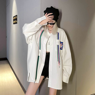 白色衬衫女欧美风高级感2024年夏季外穿小众设计感中长款休闲上衣