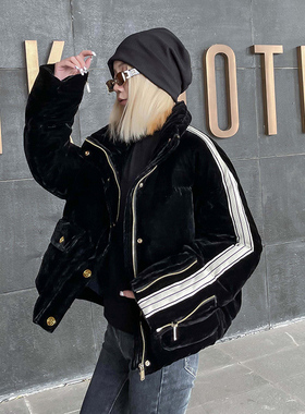 黑色丝绒面料羽绒服女2025年新款爆款冬季免洗高端短款小众设计感