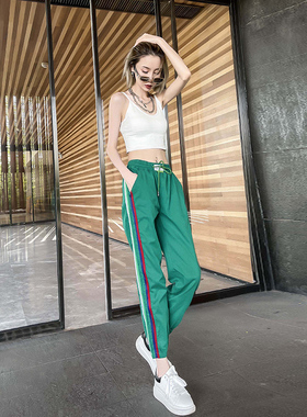 绿色条纹裤子女欧洲站2024年夏季新款薄款束脚九分高腰休闲女裤潮