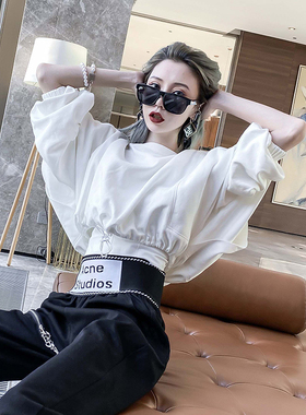 白色卫衣女2024春秋新款纯棉露脐收腰短款套头抽绳小款ins上衣潮