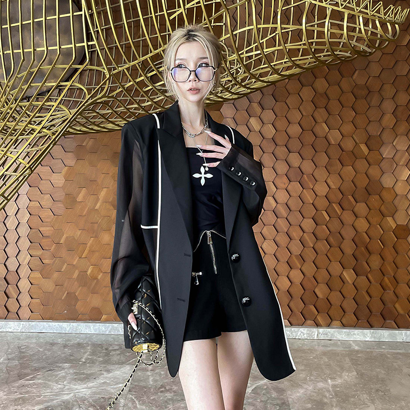 黑色网纱拼接西服外套女欧洲站