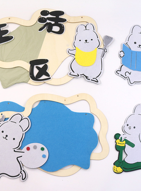 幼儿园卡通兔子区域牌挂饰区角标识牌环创装饰布置木质进区牌吊饰