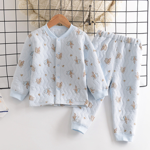 冬季哈咪奇婴儿纯棉开衫三保暖套装宝宝儿童无骨夹棉内衣裤两件套