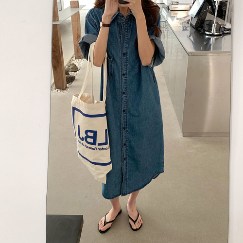 Real shot real price Korean Slouchy style retro loose Denim Short Sleeve Shirt Dress