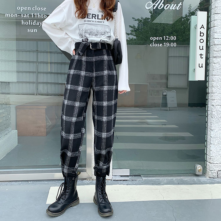 Real shot real price autumn and winter versatile plush plush tweed plaid pants high waist showing thin and loose Capris