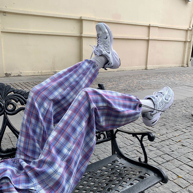 Real shot real price fashion Retro High Waist casual plaid pants loose and versatile drawstring Leggings Pants