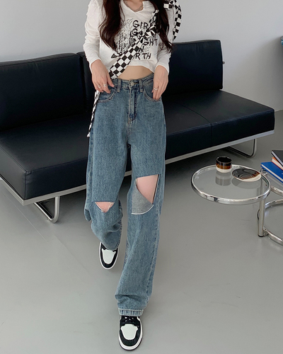 Real price in the autumn of 2021 new washed hole jeans retro straight tube High Waist Wide Leg Pants