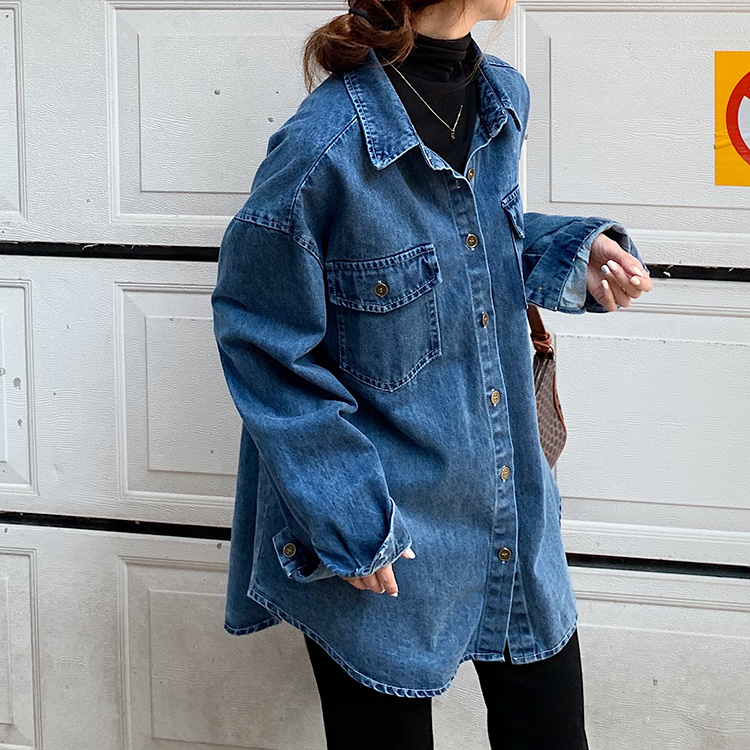 Real shot real price Korean versatile long sleeve denim shirt vintage Hong Kong Style ins casual coat