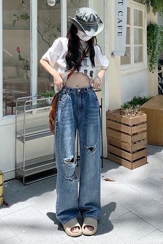 Real auction, real price, 2022 summer new style pierced burr straight jeans, women's high waist loose wide leg pants