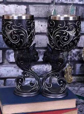 哥特暗黑Familiars Love黑猫树脂中世纪复古高脚酒杯神话传说杯子