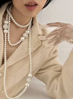 优雅大珍珠串长项链多层颈链女