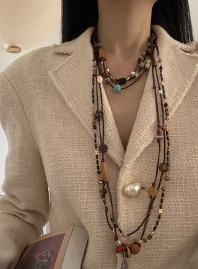 多层串珠编织绳项链毛衣链女