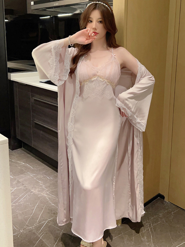 维多利亚性感睡衣女冰春秋丝薄款带胸垫蕾丝吊带美背长款睡裙套装