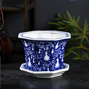 江西景德镇高温陶瓷八角花盆青花瓷高脚加厚带托盘多肉大码大号盆