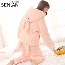 法兰绒居家服 珊瑚绒睡衣女秋冬季 加厚保暖可爱加绒家居服甜美套装
