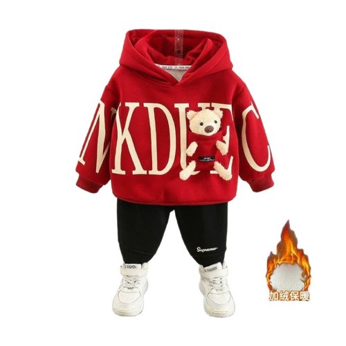 三折专区品牌店撤柜秋冬新款中大童加绒连帽上衣保暖卡通卫衣套装